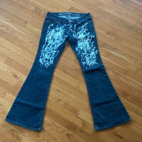 BULLHEAD NEWPORT SKINNY FLARE LEG SUPER SEXY SPLATTERED RETRO DISCO STYLE JEANS - Picture 1 of 9